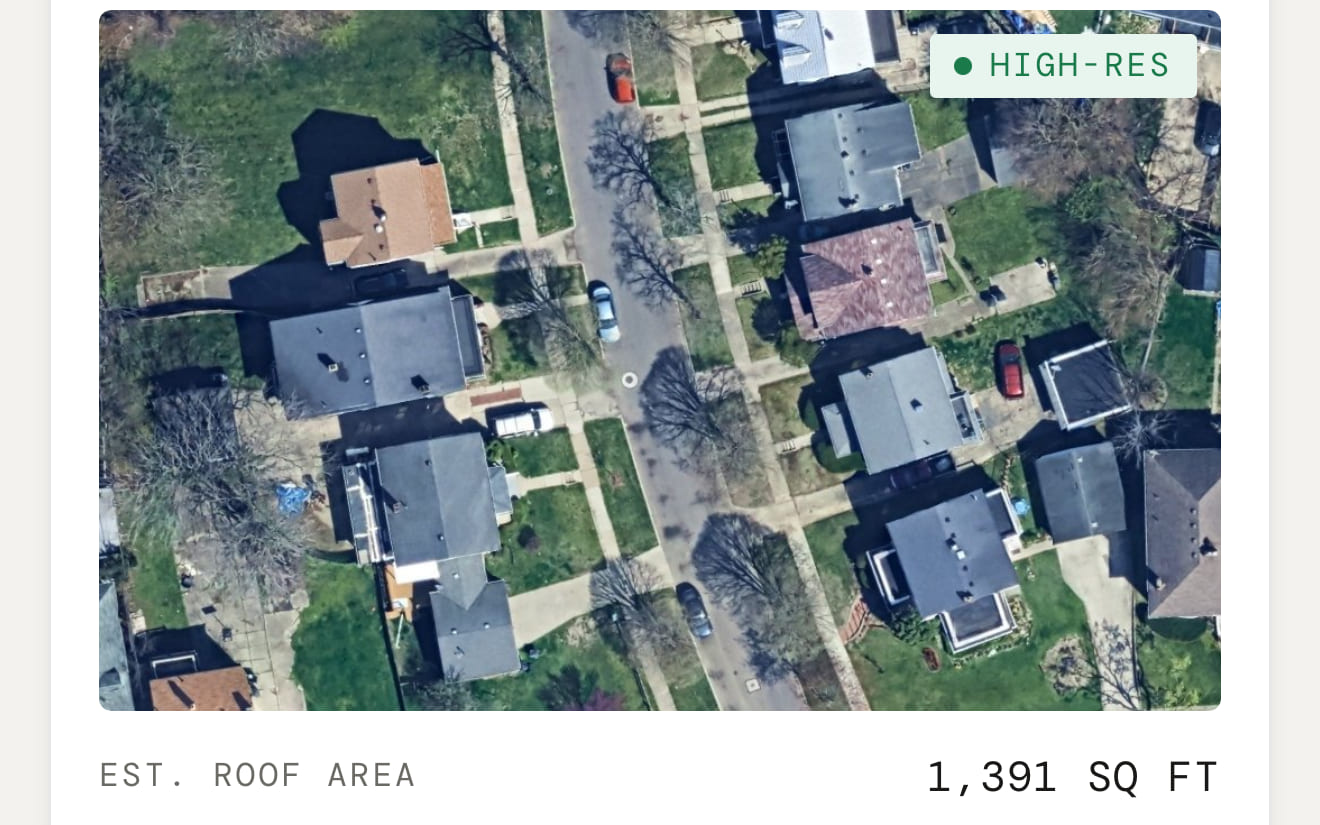 The Property panel in the Tradely app: high-resolution aerial imagery of a Toledo, Ohio roof, with an estimated roof area of 1,391 square feet read off the address.